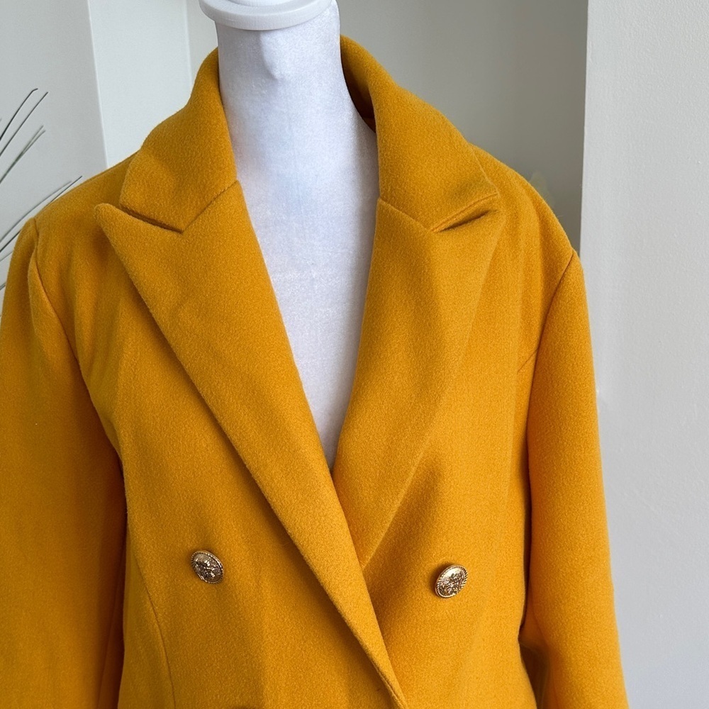 Idealsanxun Stylish Mustard Double-Breasted Pea Coat - Picture 3 of 7